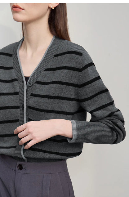 Damen-Strickjacke Streifen V-Ausschnitt locker Wolle Herbst-Winter