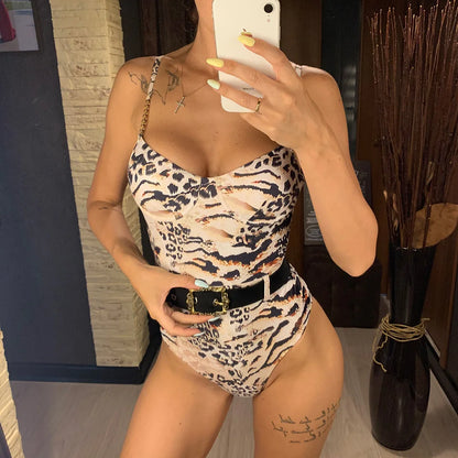 Damen-Badeanzug Rippe Gürtel High-Cut Bodysuit einteilig