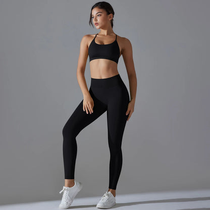 Nahtloses Yoga-Set für Frauen: Sport-BH und Leggings, schwarz, Push-up