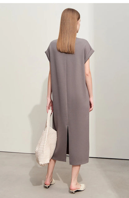 Damen Kleid für Sommer neue lässige O-Ausschnitt Kurzarm Midi gerade Perlen Stickerei Kleid Dame