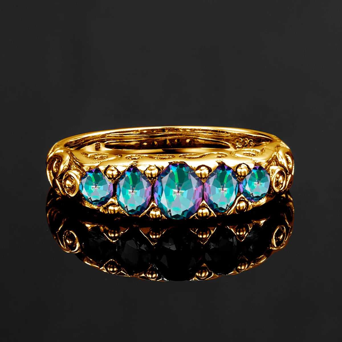 Damen-Ring aus Silber 925 mit Regenbogen-Topas Fünfstein-Design Gewölbter Bund Hochwertiges Geschenk