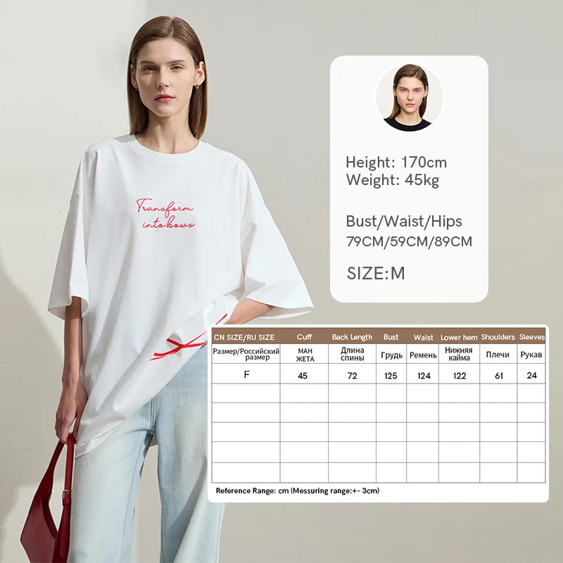 Damen T-Shirt aus ultraloch Stretch-Baumwolle mit Buchstaben-Bowknot-Aufdruck