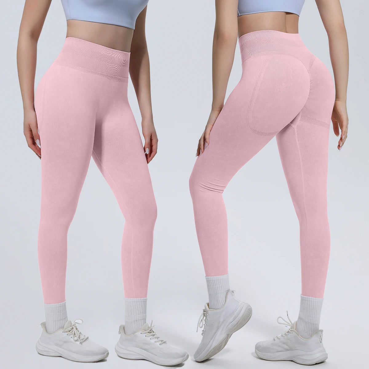 Nahtlose Yoga-Hose in Rosa mit Push-up-Design, vorne und hinten im Set gezeigt