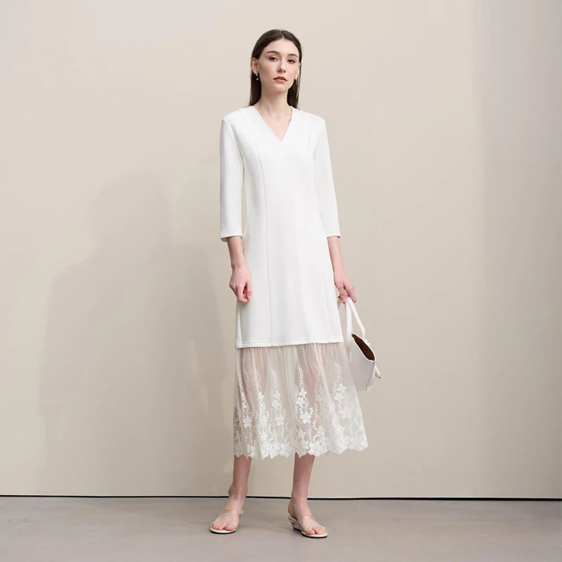 Elegantes Bürokleid Damen Mit V-Ausschnitt Und Spitze Komfortabel