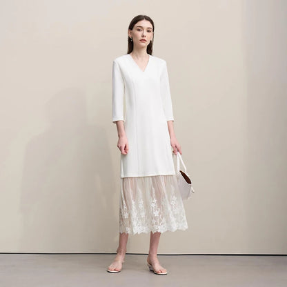 Elegantes Bürokleid Damen Mit V-Ausschnitt Und Spitze Komfortabel
