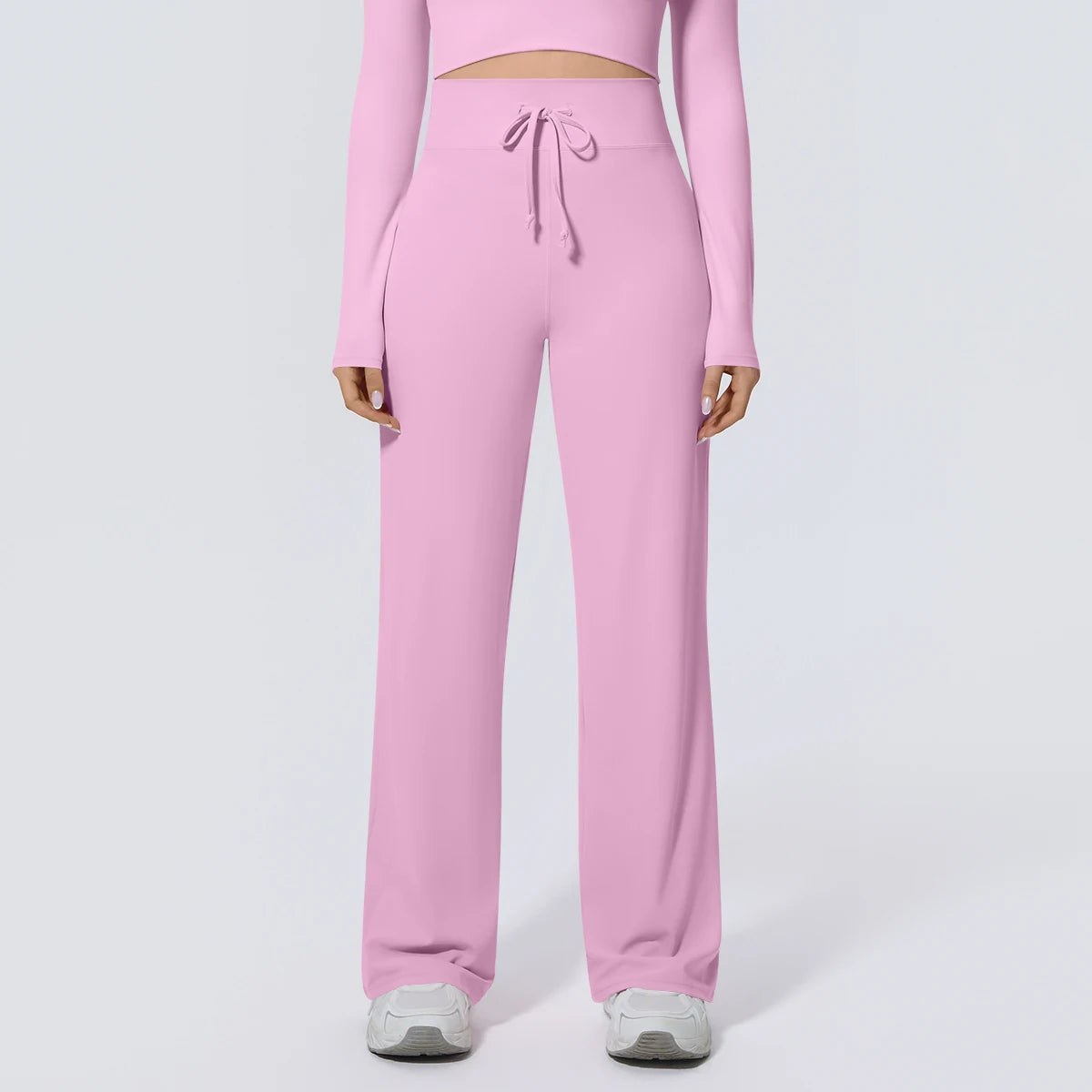 Rosa Yoga-Sommerhose mit Kordelzug am Bund und weitem Bein