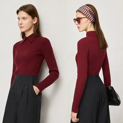 Bordeauxroter Damen-Strickpullover mit Hemdkragen, feines Rippstrick-Muster