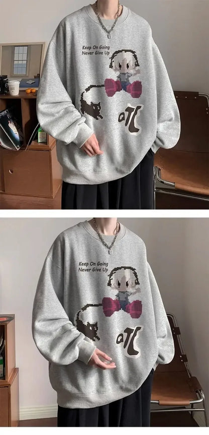 Japanischer Vintage-Pullover mit Fleece, Rundhalsausschnitt und Print – Lässiger Langarm-Hoodie für Herren im Winter.