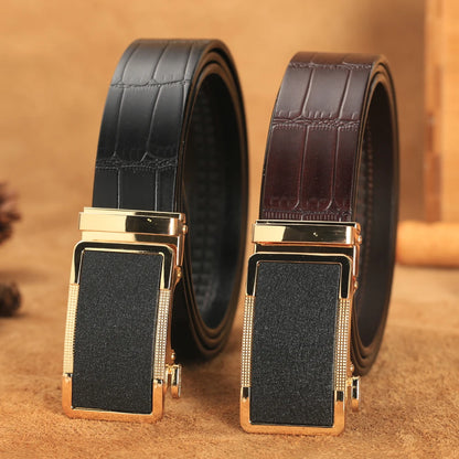 Herren Echtleder-Gürtel Krokodilmuster 3,5 cm Gold Automatik-Schnalle Rindsleder