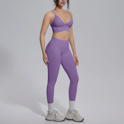 Violetter Yoga-Set für Damen: gepolsterter Sport-BH und lange Leggings