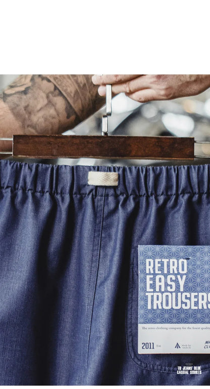 Herren Shorts im Retro-Stil aus gewaschenem Denim mit elastischem Bund und Kordelzug