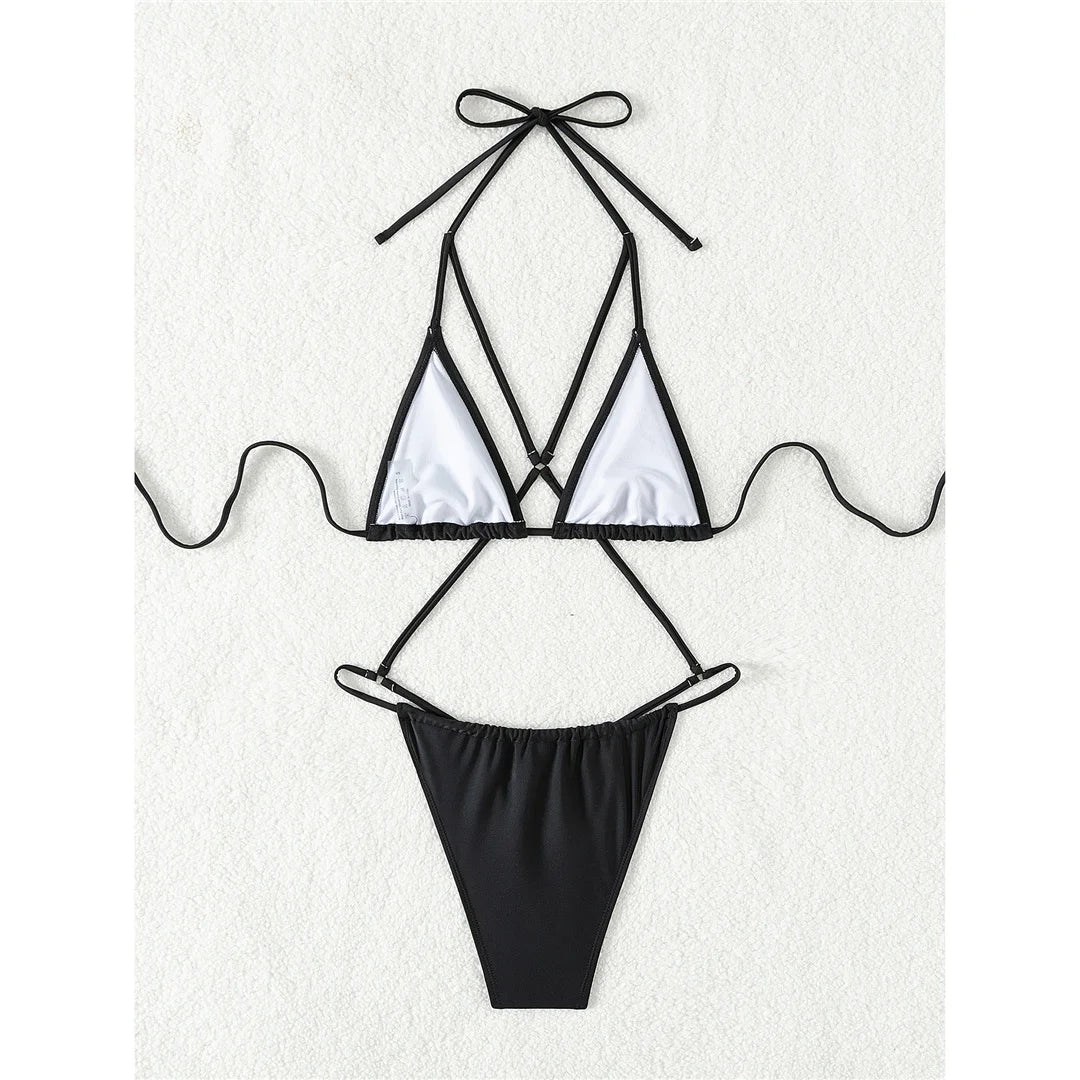 Damen Badeanzug Bauch-Cut-Out Neckholder Monokini hoher Beinausschnitt einfarbig