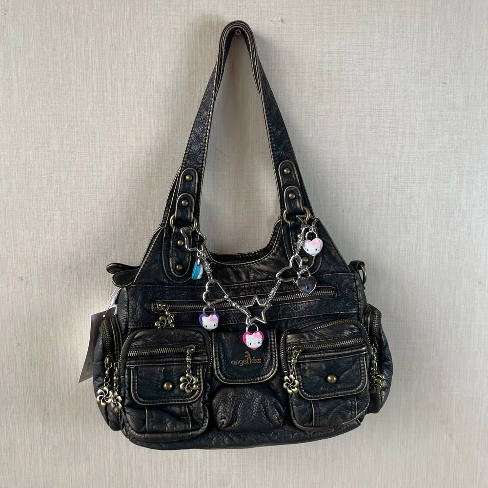 Damen-Hobo-Handtasche aus gewaschenem Leder Schwarz mit Reißverschluss und Innenfächern