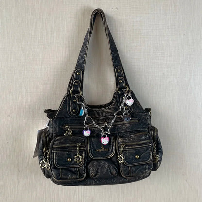 Damen-Hobo-Handtasche aus gewaschenem Leder Schwarz mit Reißverschluss und Innenfächern