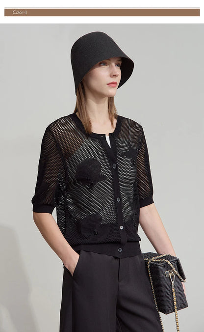Damen-Rundhalspullover Jacquard Kurzarm locker Büro Sommer