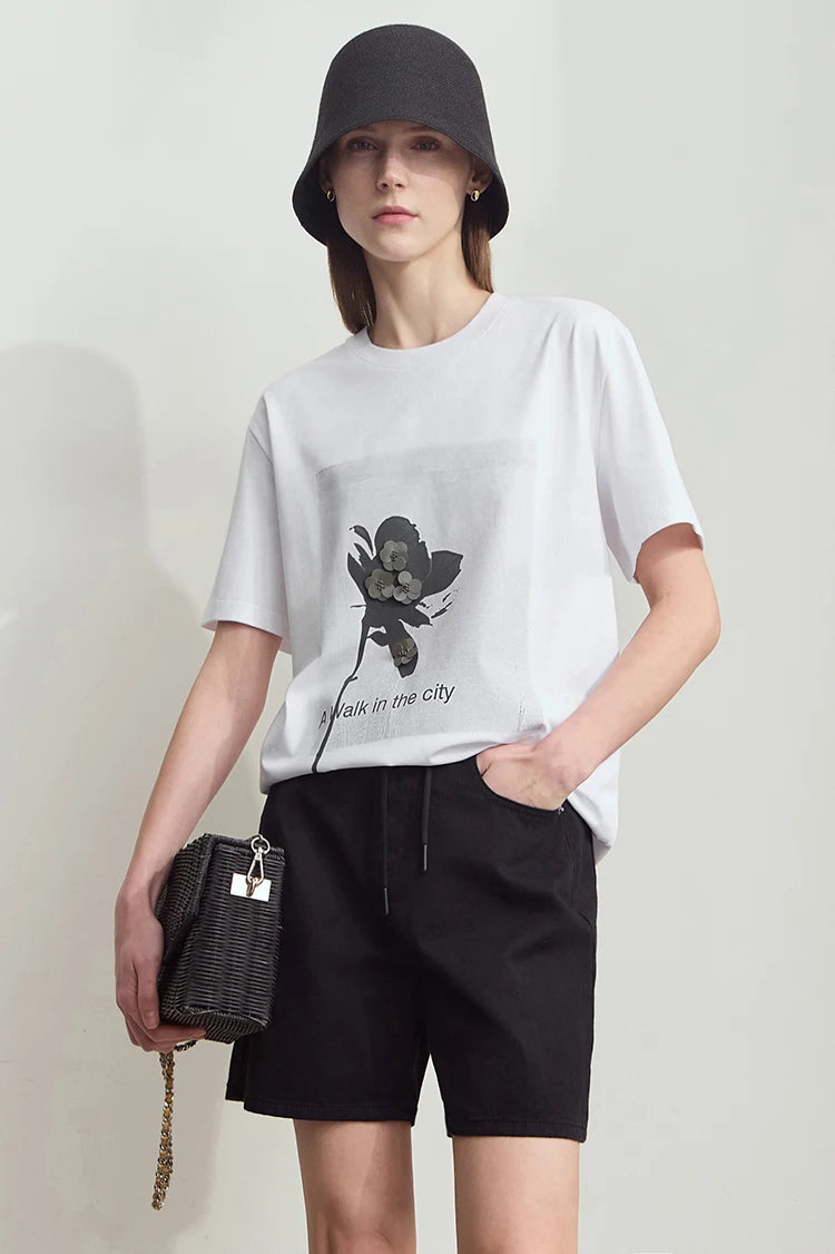 Damen T-Shirt mit minimalistischem O-Ausschnitt und Pailletten-Verzierung