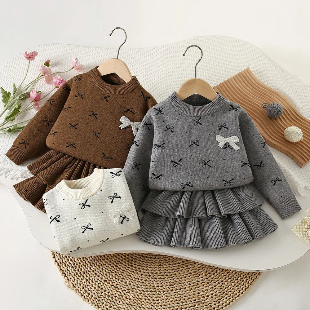 Mädchen Kleidungsset mit Bogen Druck Pullover und Faltenrock im 2-Teile Design