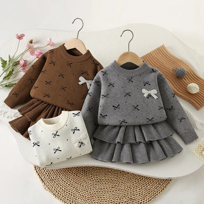 Mädchen Kleidungsset mit Bogen Druck Pullover und Faltenrock im 2-Teile Design