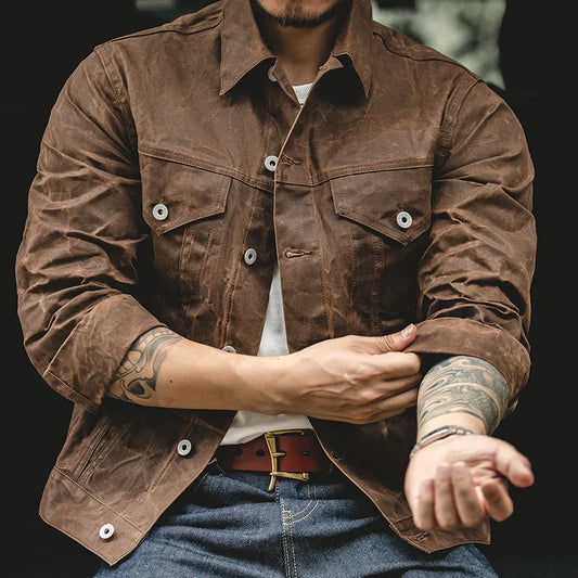 Männlich Jacke Retro Schwergewicht Leinwand Gewachst Wasserdicht Jagd Safari Stil
