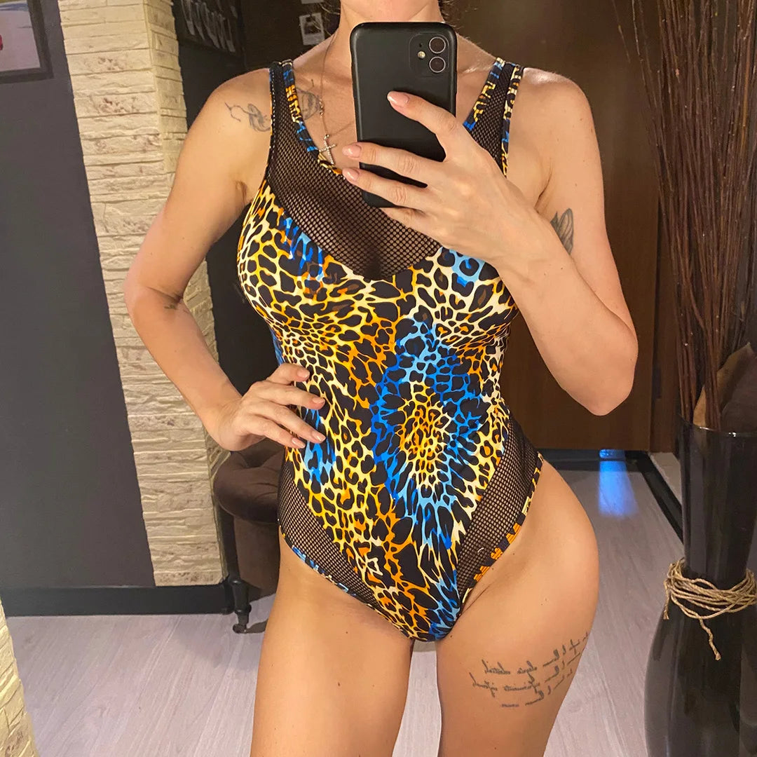Damen-Badeanzug Fischnetz rückenfrei High-Leg 12 Farben Monokini