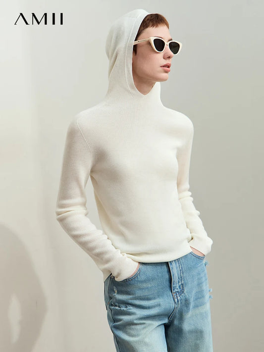 Damen-Kapuzenpullover Wolle-Polyester nahtlos gerade einfarbig Herbst