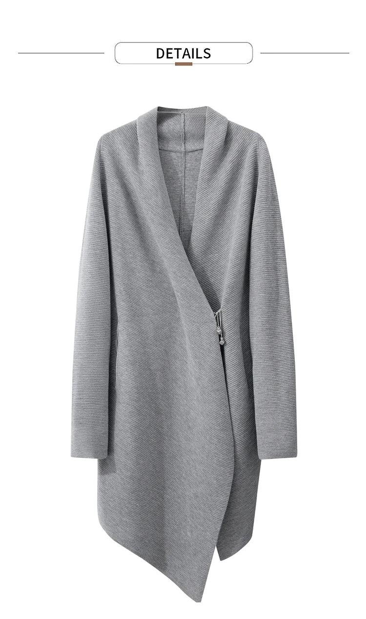 Damen-Strickjacke Wolle Umlegekragen lang locker Tasche Herbst