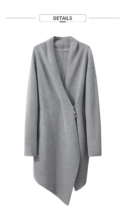 Damen-Strickjacke Wolle Umlegekragen lang locker Tasche Herbst