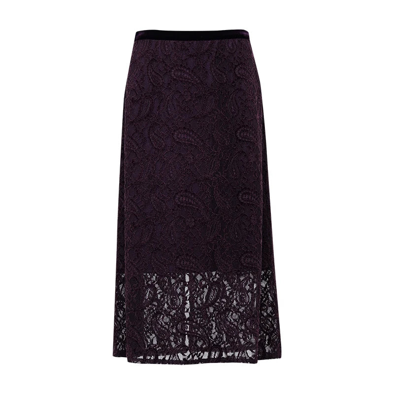 Dunkelvioletter Midirock aus Paisley-Spitze mit durchbrochenem Saum