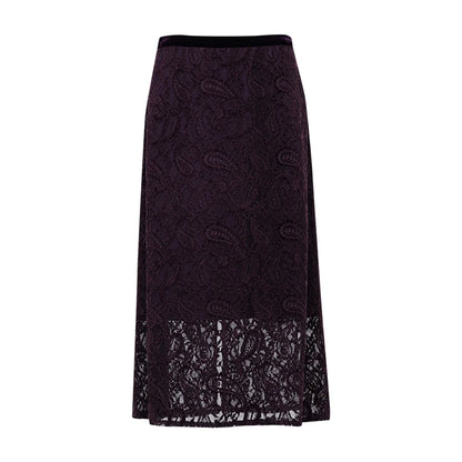 Dunkelvioletter Midirock aus Paisley-Spitze mit durchbrochenem Saum
