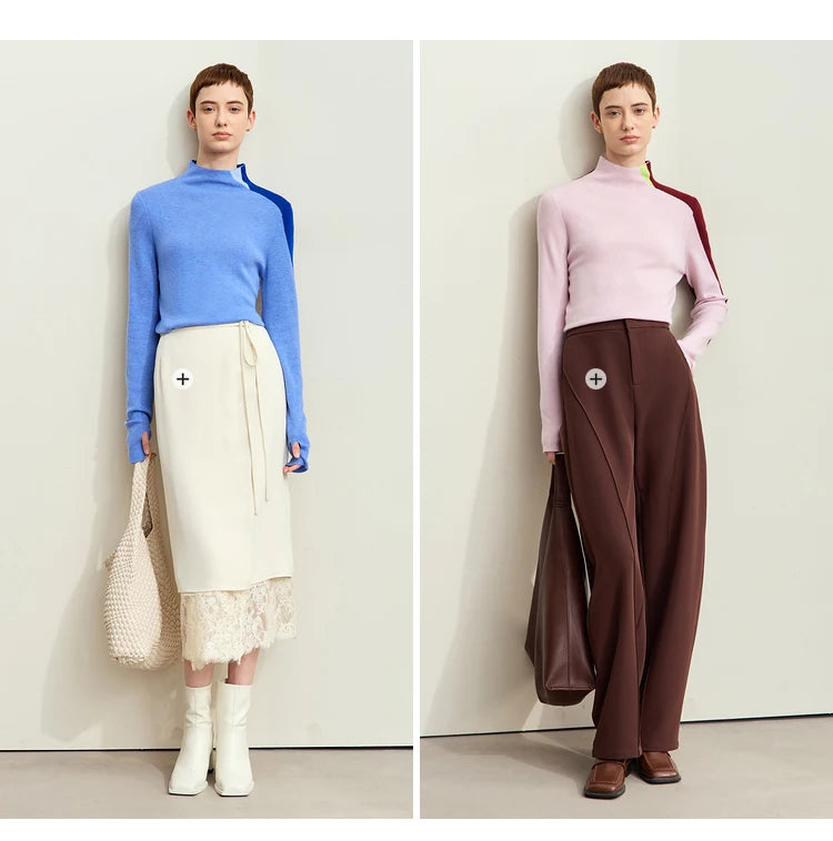 Damen-Pullover mit Stehkragen, blau und rosa (jeweils Langarm, einfarbig)
