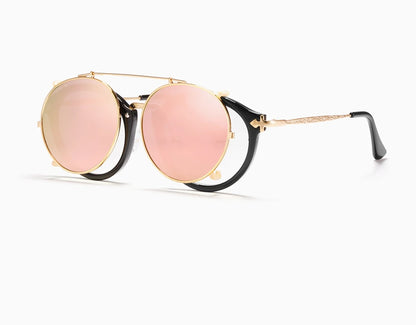 Sonnenbrille rund Steampunk Clip-On abnehmbar polarisiert Markenbox Herren