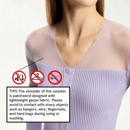 Damen V-Ausschnitt Pullover Viskose Mesh Organza Slim Frühling