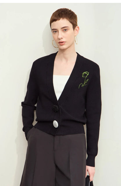 Damen-Strickjacke V-Ausschnitt Stickerei locker Langarm Herbst