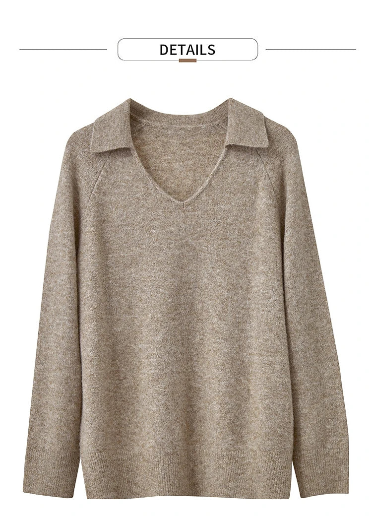 Damenpullover aus Strick, V-Ausschnitt, beige meliert, lange Ärmel, Vorderansicht
