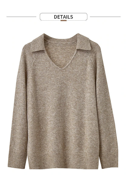 Damenpullover aus Strick, V-Ausschnitt, beige meliert, lange Ärmel, Vorderansicht