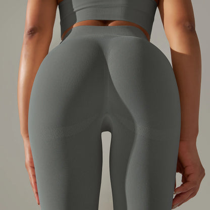 Nahtlose Yoga-Leggings mit hoher Taille, hellgrau, Rückansicht mit Mittelnaht-Optik