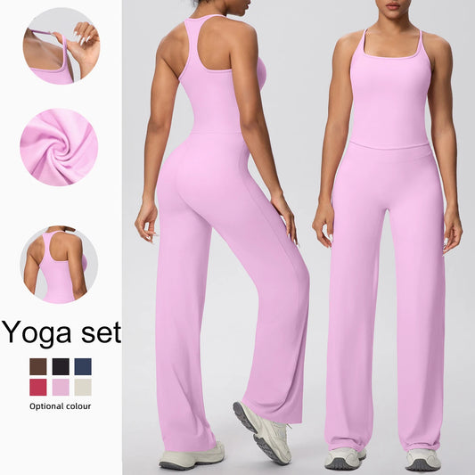 Damen-Yoga-Set lila, ärmellos mit weitem Bein und Racerback