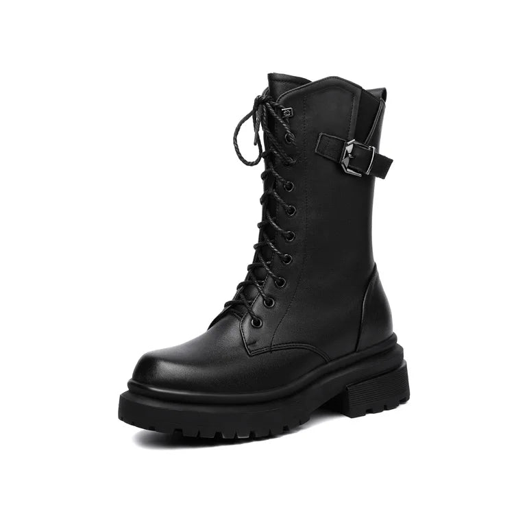 AIYUQI Women Boots Large Size Genuine Leather Thick Wool Warm Winter Biker Boots Women British Style Women Snow Boots