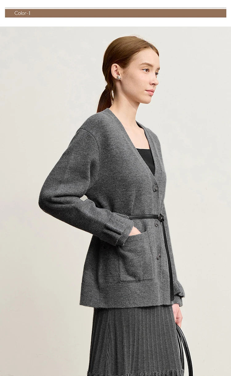 Damen-Strickjacke Wolle V-Ausschnitt Pendler einreihig locker Winter