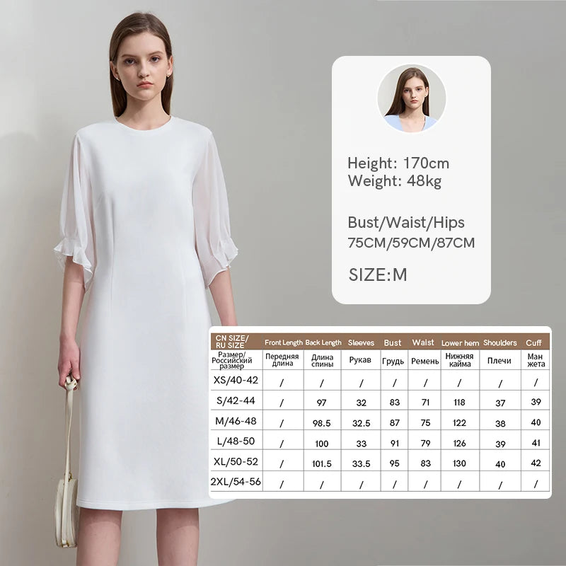 Chiffon-Kleid, weiß, Vorderansicht, 3/4-Ärmel mit Volant, knielang
