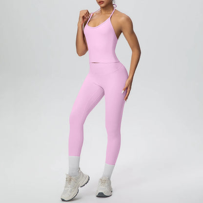 Rosa Damen-Yogaset: Tanktop und Capri-Leggings mit hellen Knöchel-Bündchen