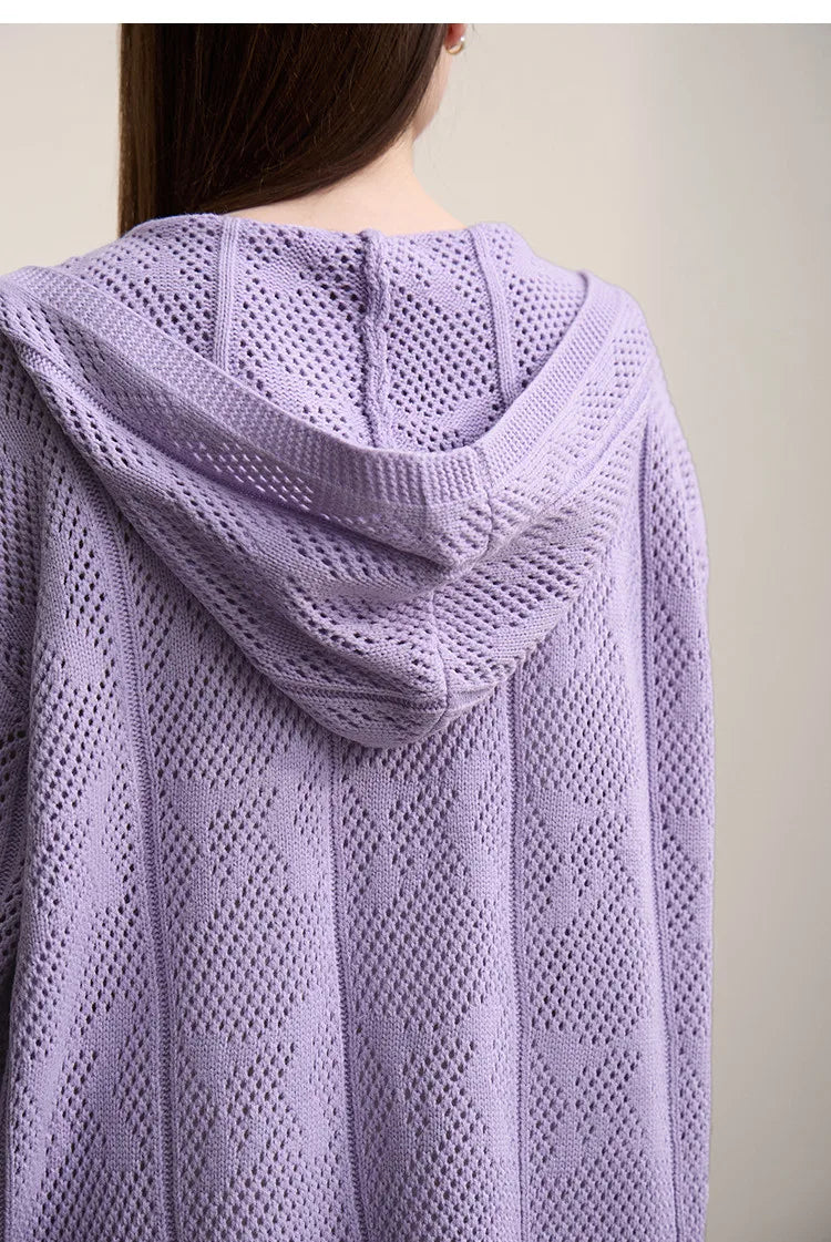 Damen-Strickjacke Kapuze Jacquard Hohlstrick Doppelreißverschluss locker Frühling