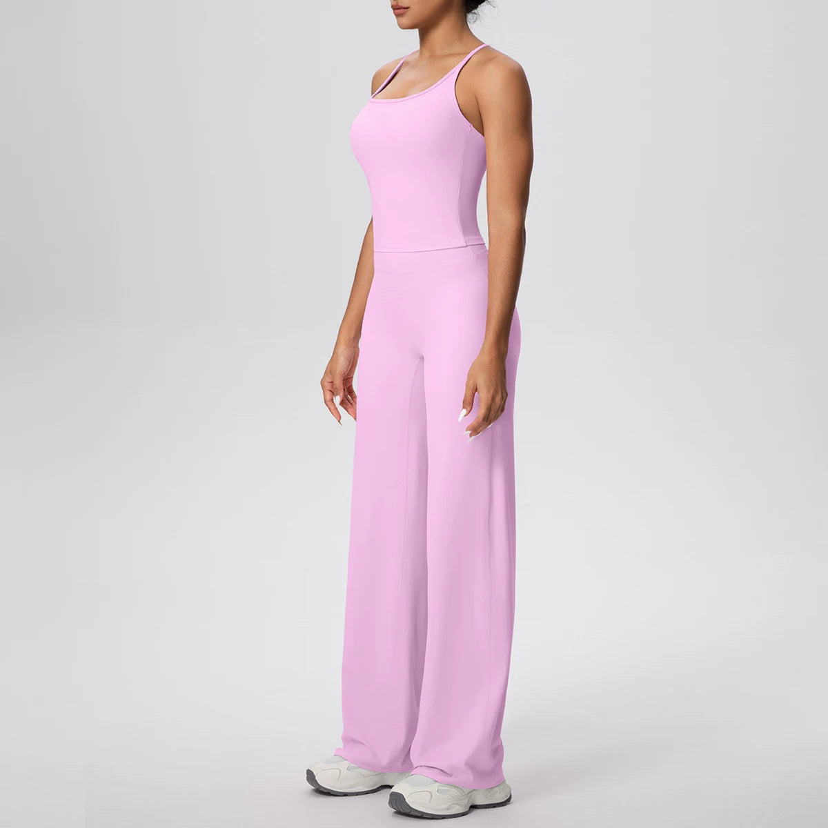 Damen-Yoga-Set lila, ärmelloser Jumpsuit mit weitem Bein
