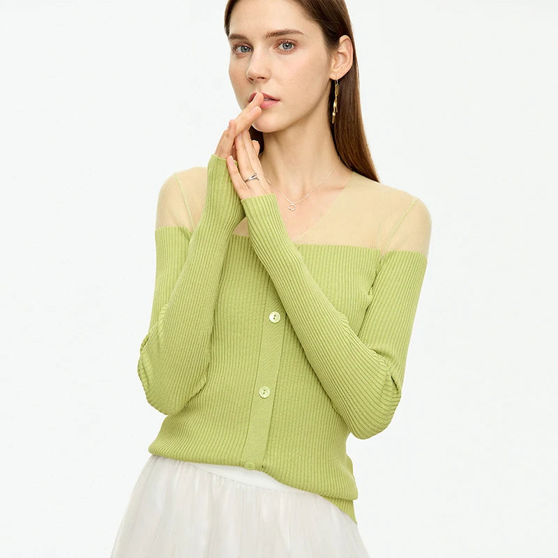 Strickpullover für Damen, gerippt, Knopfleiste, off-shoulder Optik, hellgrün