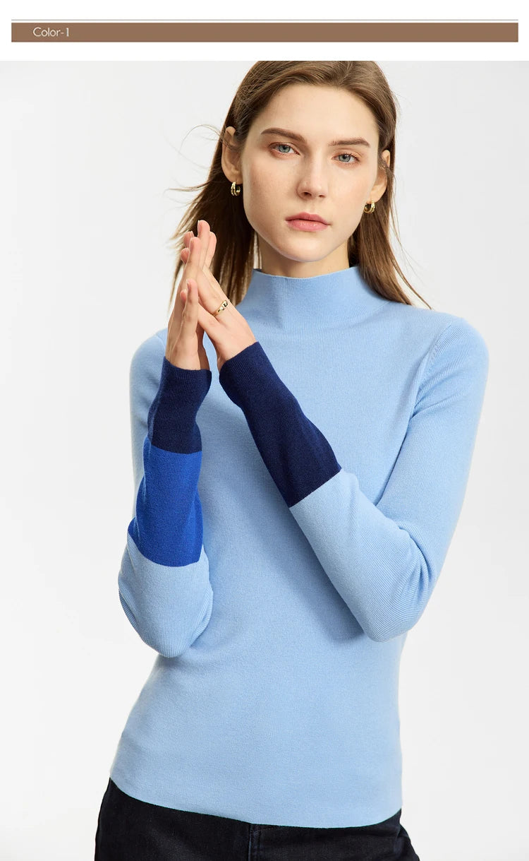Damen-Halbrollkragen-Pullover Slim Farbkontrast Wolle-Mix Winter