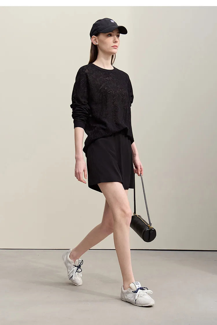 Damen-Rundhalspullover Jacquard Raglan locker lang Lyocell Frühling