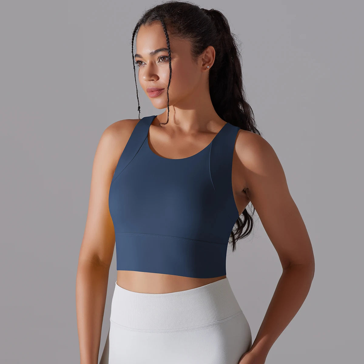 Nylon-Yogatop für Frauen, Slim Fit, ärmellos, U-Ausschnitt, Dunkelblau, Vorderansicht