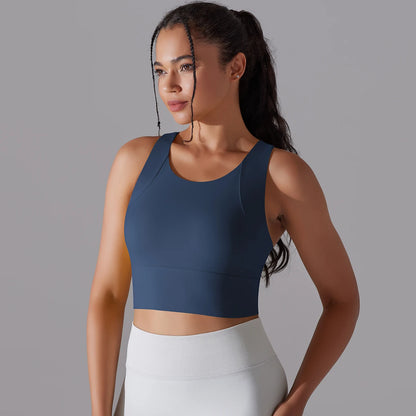 Nylon-Yogatop für Frauen, Slim Fit, ärmellos, U-Ausschnitt, Dunkelblau, Vorderansicht