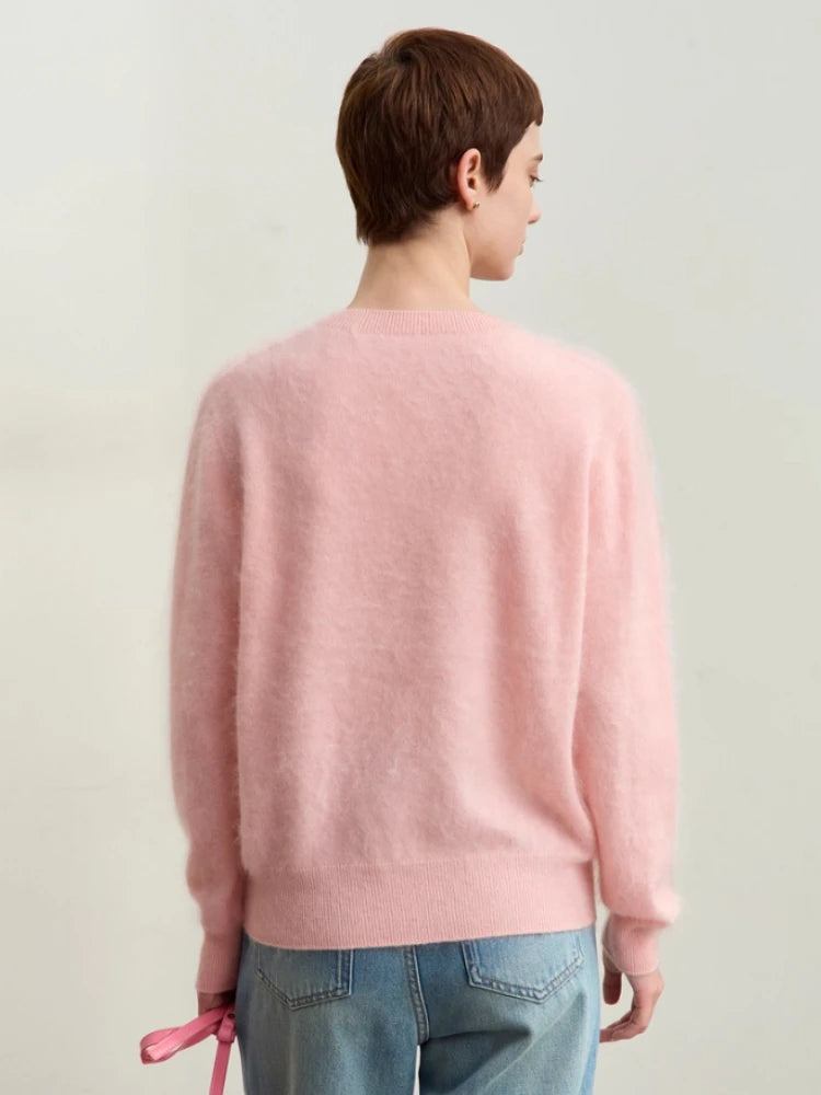 Damen-Kaschmirpullover, Rückansicht mit rundem Halsausschnitt, lange Ärmel, rosa meliert