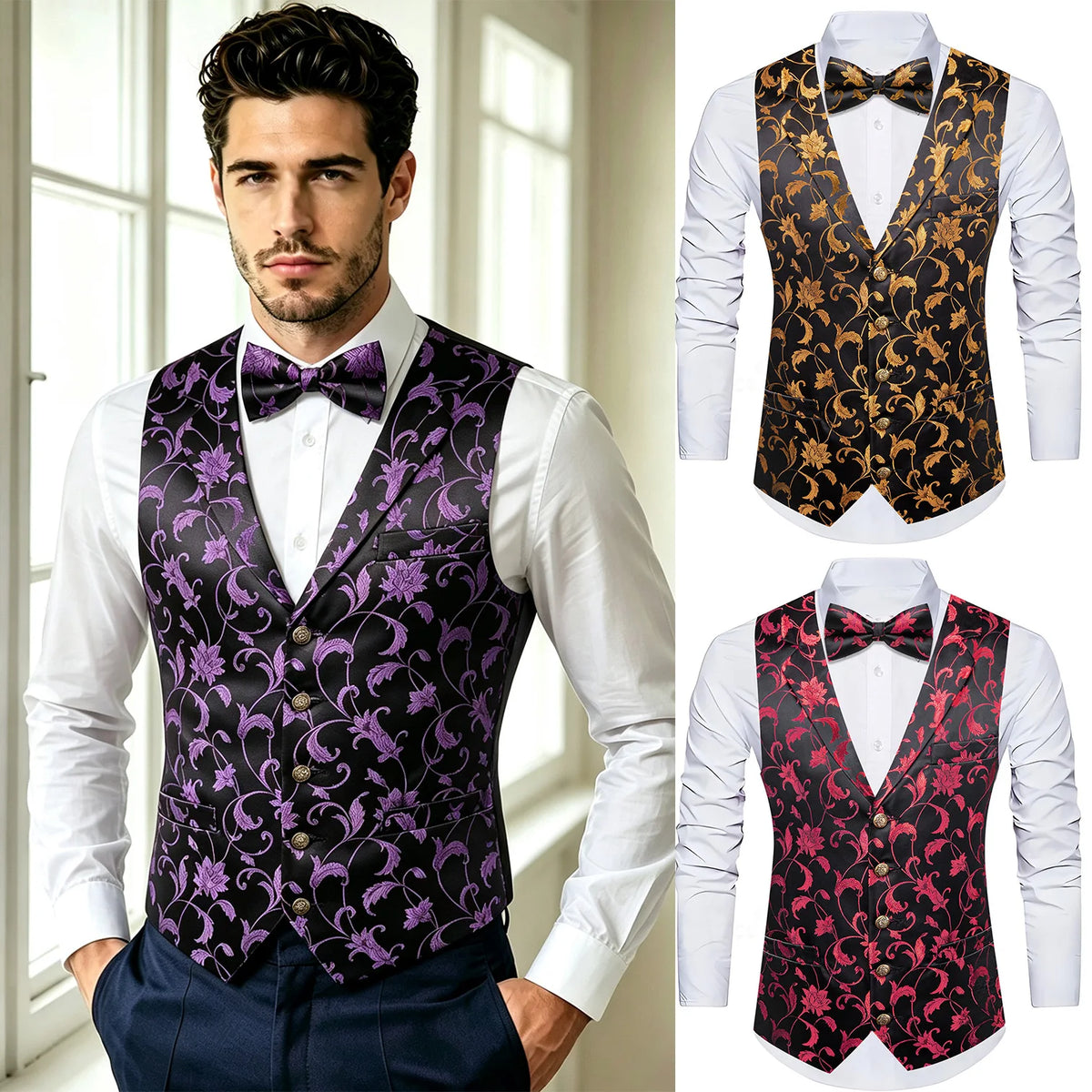 Schwarze Herrenweste mit violettem Ornamentmuster und Fliege am Hemdkragen